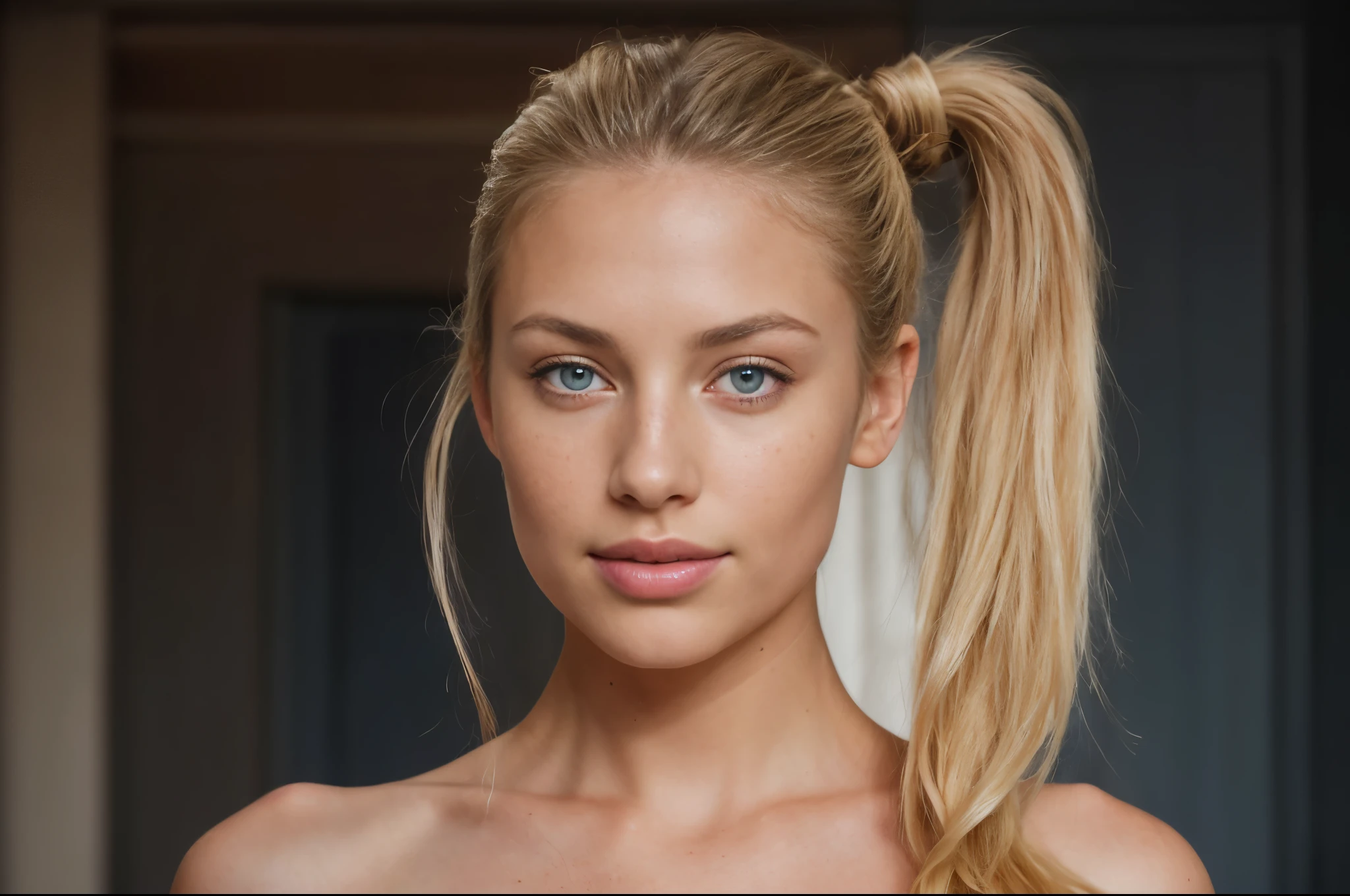 ((A beautiful Victoria Secret model)), (((long wavy blonde hair, waist length ))), (hair tied in a ponytail),  some small freckles, blue eyes, (textured skin, skin pores:1.1), (moles:0.8), imperfect skin, goosebumps, C34 breast,  (extremely detailed 8k wallpaper), soft lighting, high quality, film grain, Fujifilm XT3 sharp focus, f 5.6, 50mm, High Detail, Sharp focus,(natural light), crazy details, complex details, hyperdetailed
