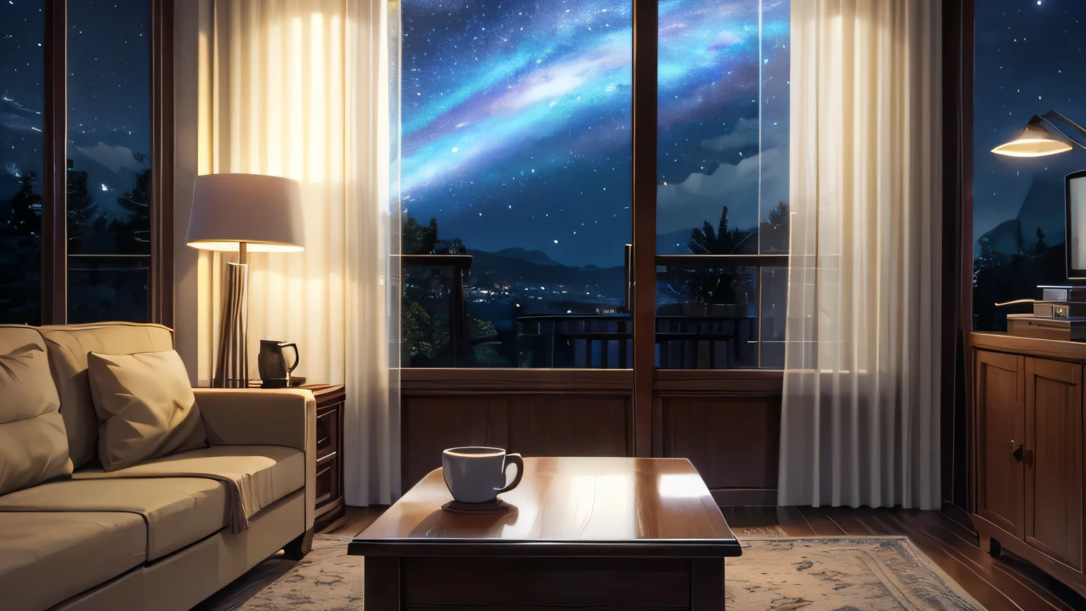 A large window reveals a screen of stars in the night sky. The room is poorly lit, com luzes de corda adicionando um toque de magia. An open laptop on a table is accompanied by a steaming cup of coffee, criando um ambiente de trabalho encantador. Os sons suaves das batidas lo-fi complementam a beleza tranquila da noite estrelada.