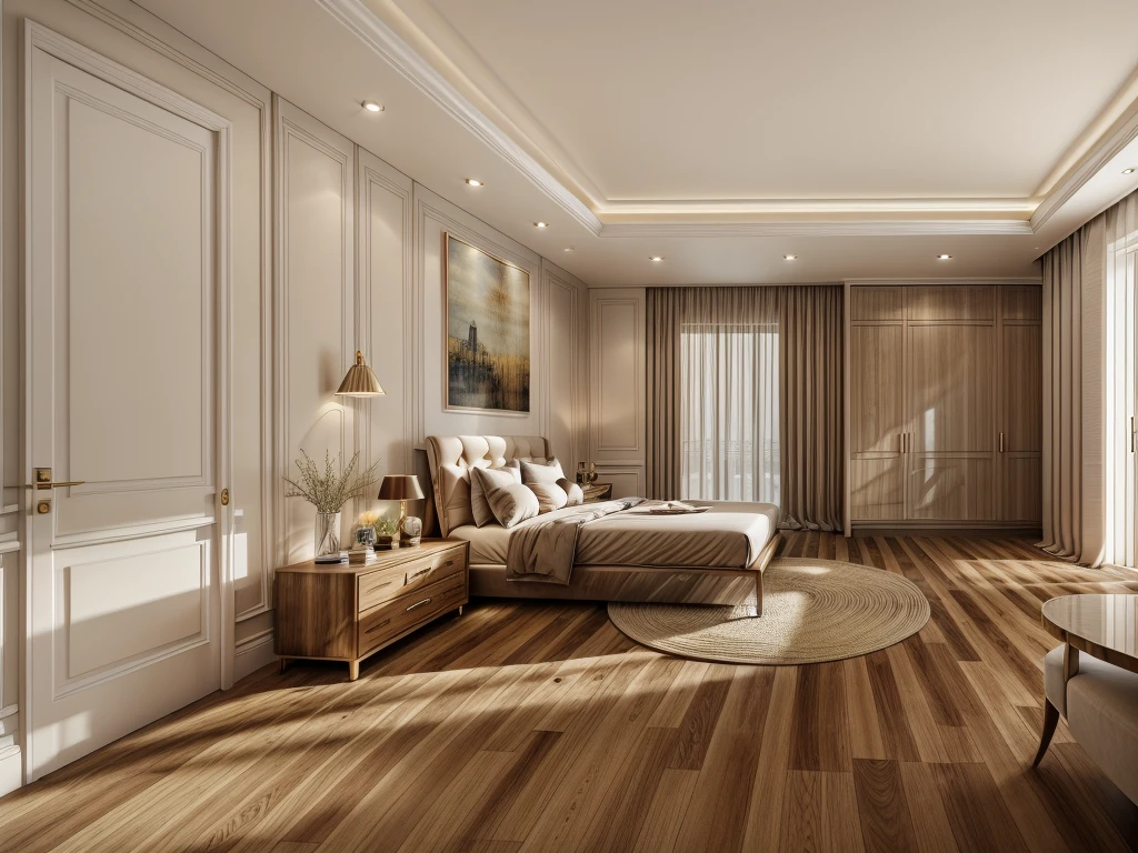 Create a neoclassical-style bedroom with a brown wooden floor, cream-colored curtains, a white door, and super sharp photos that exude elegance.