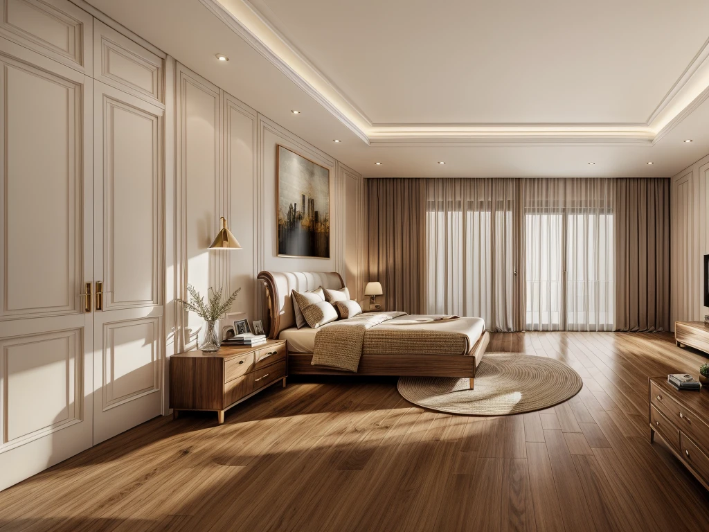 Create a neoclassical-style bedroom with a brown wooden floor, cream-colored curtains, a white door, and super sharp photos that exude elegance.