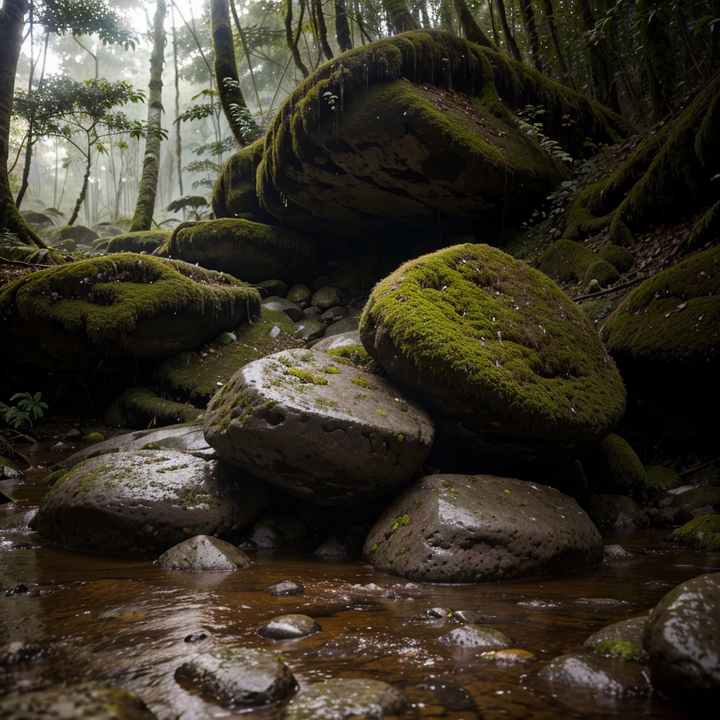 low angle shot, beautiful rainforest, winter, rocks, muddyclay,