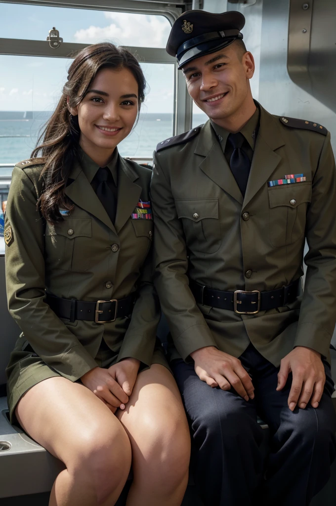 The image appears to show two individuals in military-style uniforms sitting together. They seem to be on a ship, as suggested by the background, which includes a view of the sea and part of a vessel's structure. Both are smiling and looking at the camera, conveying a sense of camaraderie or friendship. The uniforms are khaki with black belts, and both have name tags and various insignia that indicate rank or unit affiliation, which are customary in military dress codes. The setting might suggest they are members of a navy, given the maritime backdrop.