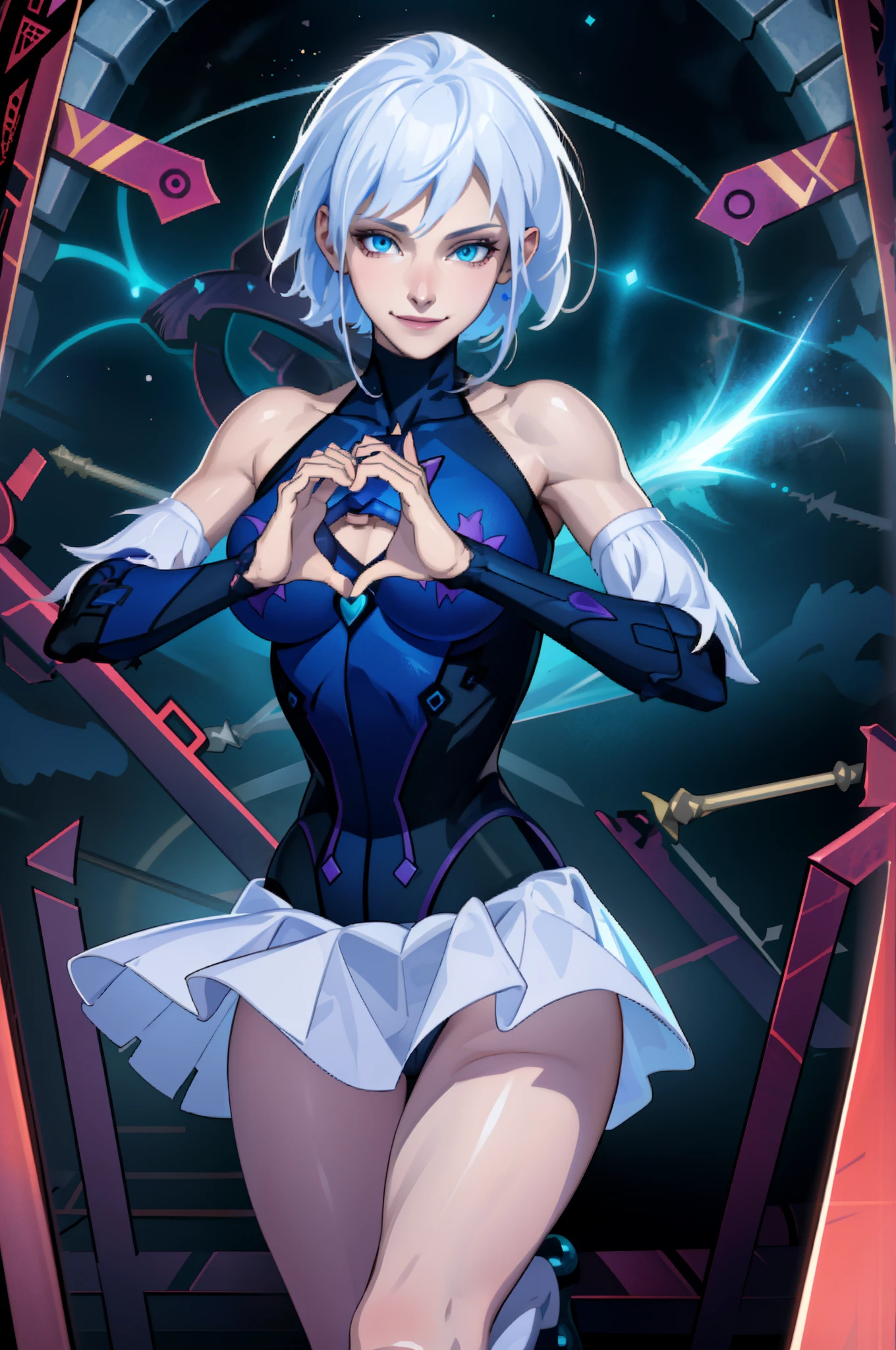 (extremely detailed CG unity 4k wallpaper),(masterpiece),(best quality),(ultra-detailed),(best illustration),(best shadow),(absurdres),(detailed background) Killer frost, shy smile, white hair, blue eyes, frost magic, heart hands pose, snow covered night city,