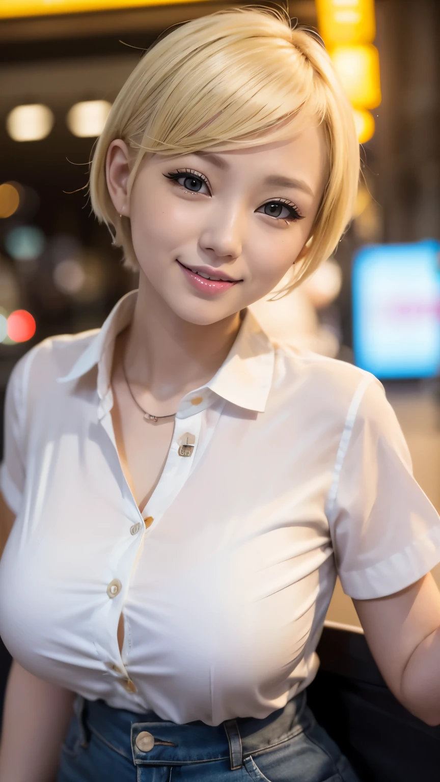(Masterpiece, BestQuality:1.3), (ultra detailed 8k cg:1.2), (hyperrealistic:1.35), (Photorealistic:1.45), (realistic:1.4), COWBOY SHOT, 1 beautiful Japanese girl, 22 years old, (blond hair:1.2), (very short hair:1.2), (tanned skin:1.5), black gal, flat chest, (gyaru makeup:1.3), (looking at viewer), dynamic lighting, (laugh:1.2), cinematic angle, looking back, denim shorts, white gyaru jacket, downtown,