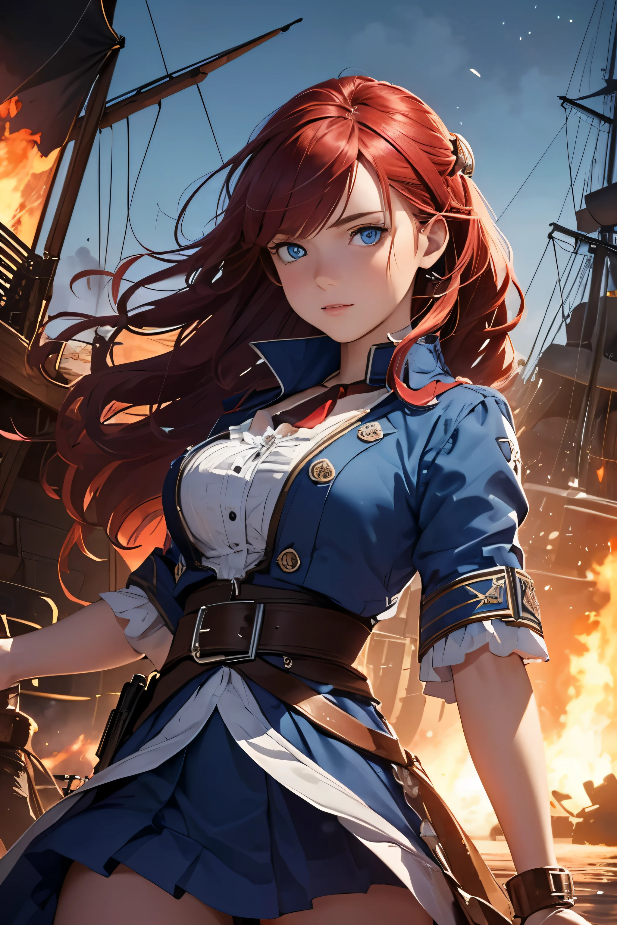 Hot young woman, long red hair, ponytail, admiral's uniform, many nautical tattoos, black make-up, high boots, high quality, best quality, high details, blue eyes, perfect body, warship in backround, navy, cannons fire, masterpiece, multilayer, angry eyes, 