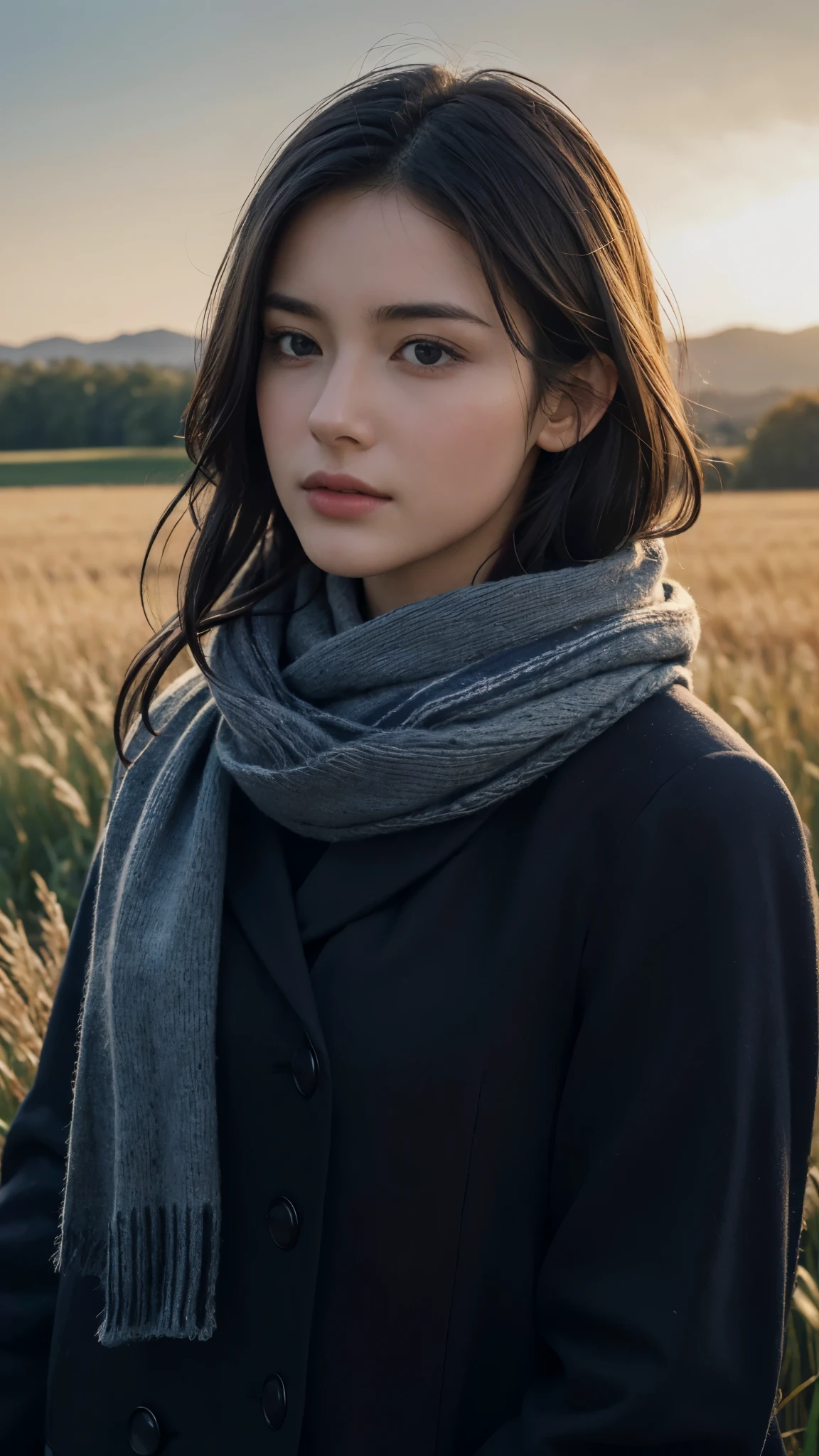 8ก, best quality, Masterpiece, realistic, Special details, photo realistic, Increase quality, 
Photograph of a young woman standing in a field with a scarf, In the style of the most intense designer, Massive mass, Photobash, quiet face, wavy edge, navy, beauty of nature, Close-up photo
