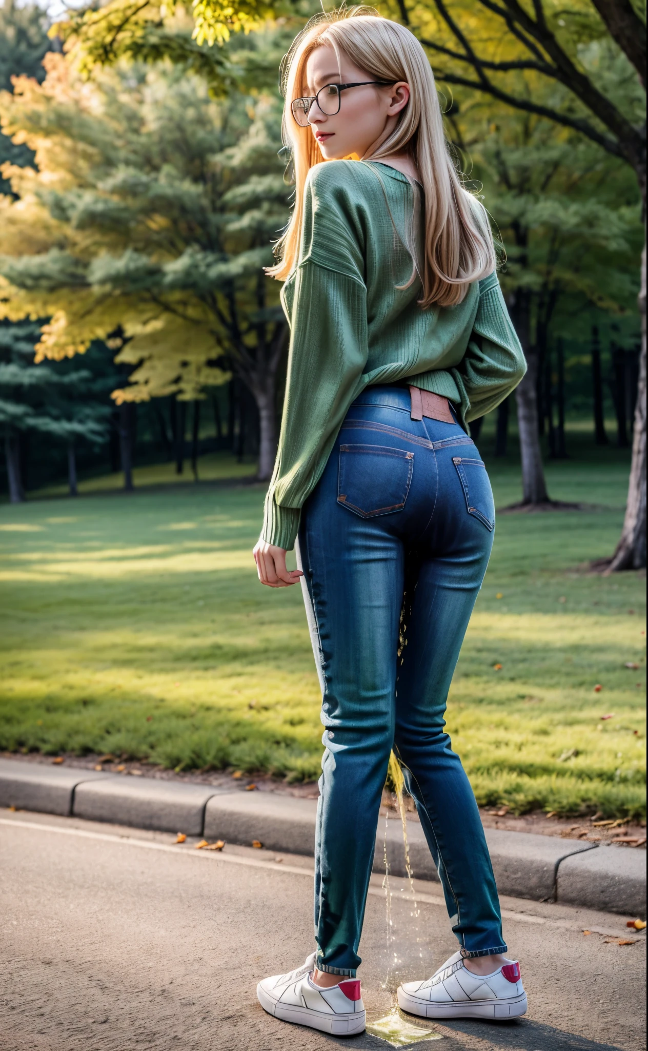 RAW photo, photo realistic:1.2, ultra high resolution, highly detailed face, highly detailed eyes, perfect anatomy, super detailed skin, not safe for work, UHD, (peeing self:1.8), (pee stain:1.6),
(dynamic angle from behind, standing pose:1.2), outdoors, (have to pee), park, tree, pond, (legs focus, full body:1.3), (beautiful face, beautiful eyes, beautiful legs), 
1girl, 20-year-old, European woman, (blonde hair, straight hair, long blonde hair), forehead, blue eyes, black frame glasses, blush, scared, panicking, crying, tears, screaming, large breast, (green sweater:1.6), (((hands between legs))), skinny, wide hips, thin waist, (skinny jeans:1.4), (medium blue jeans:1.4), (((knees together feet apart))), (white sneakers:1.2)