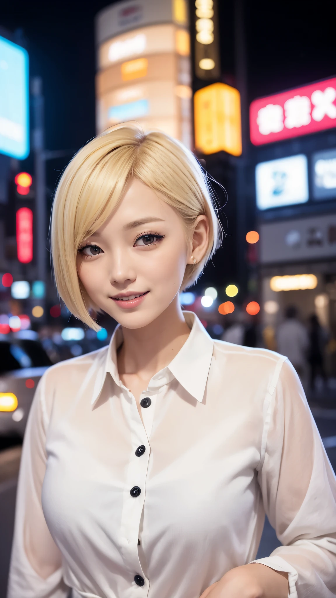 japanese idol　mature woman　Dirty makeup　A happy smile　((Blonde Shorthair))　33 years old　white blouse　winter night neon city　　After drinking alcohol　big 　Clothes　The buttons on the shirt are stuck all the way to the top　