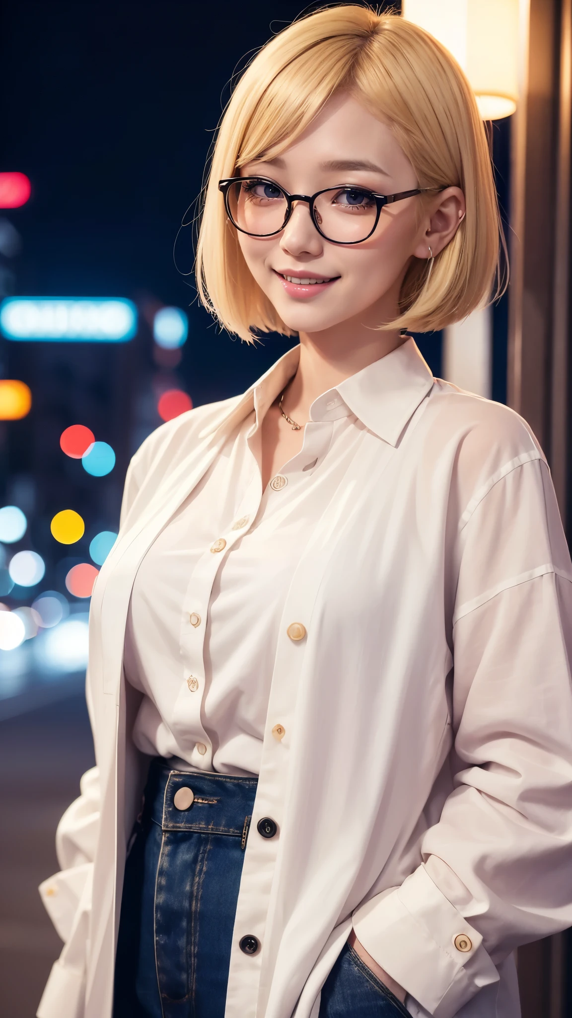 japanese idol mature woman Dirty makeup A happy smile ((Blonde Shorthair)) 33 years old white blouse winter night neon city After drinking alcohol big Clothes The buttons on the shirt are stuck all the way to the top Glasses