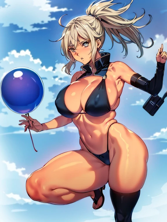 Karikatur einer Frau im Bikini mit einer Pumpe und einem Ballon, extremely rundlich, sturdy!!!, Cel-Shading:17, Thicc, Oppai Cyberpunk, insanely inflated hips, Android 18, Cel-schattiert!!!, (sfw) sicher zum Arbeiten, Tsunade von Naruto, rundlich, unterer Schuss, Cel-schattiert:15, 1 girl