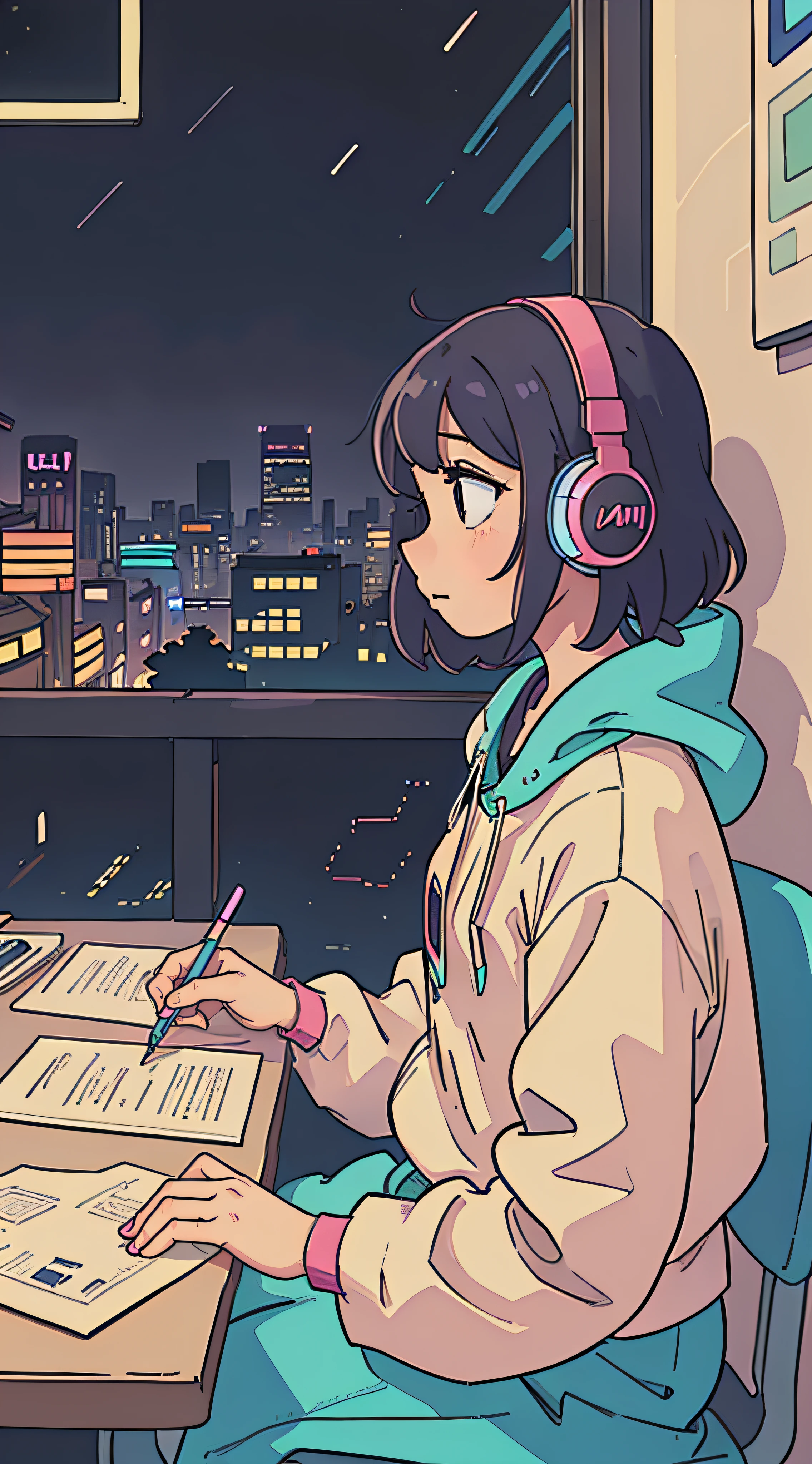 (compliment), Girl studying diligently at the table, profile, Wear headphones, night light, Neon view on a rainy day from the window,Analog Color Theme, Lo-Fi Hip Hop , flat, 2.5D ,Draw a line, Ink Drawing, Large gradients, watercolor, Goosch Colors, Studio Ghibli Style, Awesome colorful, Outer Ton, Synthwave, compliment art,90s style,Old texture, amplitude,90s vibe, table top, Huge technology
