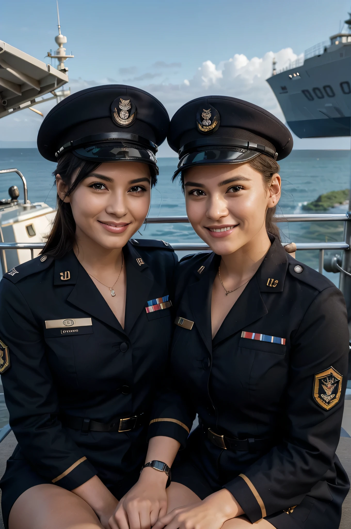 The image appears to show two individuals in military-style uniforms sitting together. They seem to be on a ship, as suggested by the background, which includes a view of the sea and part of a vessel's structure. Both are smiling and looking at the camera, conveying a sense of camaraderie or friendship. The uniforms are khaki with black belts, and both have name tags and various insignia that indicate rank or unit affiliation, which are customary in military dress codes. The setting might suggest they are members of a navy, given the maritime backdrop.