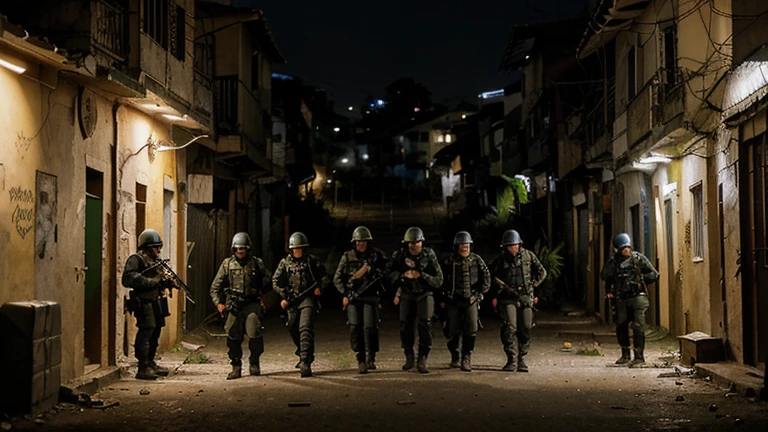 Create a photorealistic work of art depicting a nighttime confrontation in the favela involving the Municipal Guard of ROMU (Rondas Ostensivas Municipais), a specialized group in Brazil. The scene should capture the intensity and courage of ROMU members in the midst of an exchange of gunfire. Highlight the group's decisive action and determination to preserve security and order in the community. The setting should emphasize the darkness of the night, with intense lights and dramatic shadows. Explore the realistic details, from the ROMU members' facial expressions to the favela's characteristic elements, such as narrow alleys and simple buildings. Convey the energy and tension of the moment, evoking a feeling of courage and facing challenges.