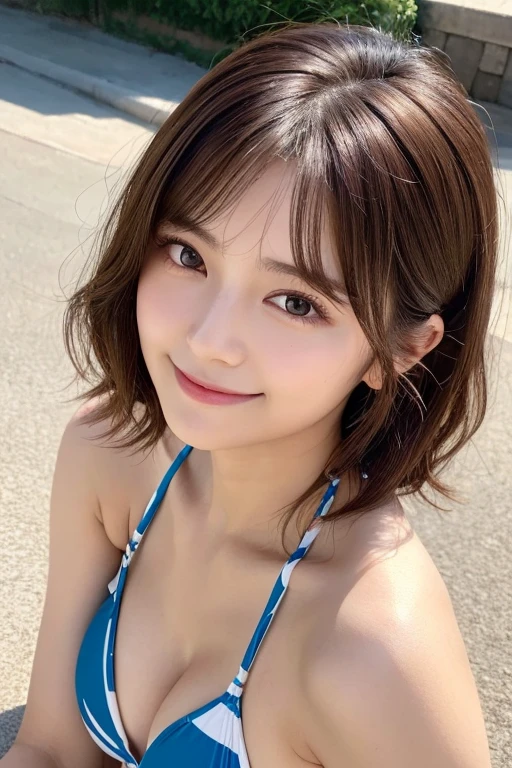 (highest quality,8K quality,masterpiece:1.3,),(Super high resolution:1.3,Photoreal:1.4,Raw photo:1.2),(super detailed:1.2,shiny skin,fine skin:1.1),(detailed face,perfect anatomy,caustics:1.2),on the lawn,sleep on your back,overhead view,,1 girl,cute,Japanese,22 years old,japanese id,natural brown hair,Curl short hair outward,cute目,natural makeup,bikini,laughter,look at the camera,up on the face,face focus,professional lighting,natural soft light,