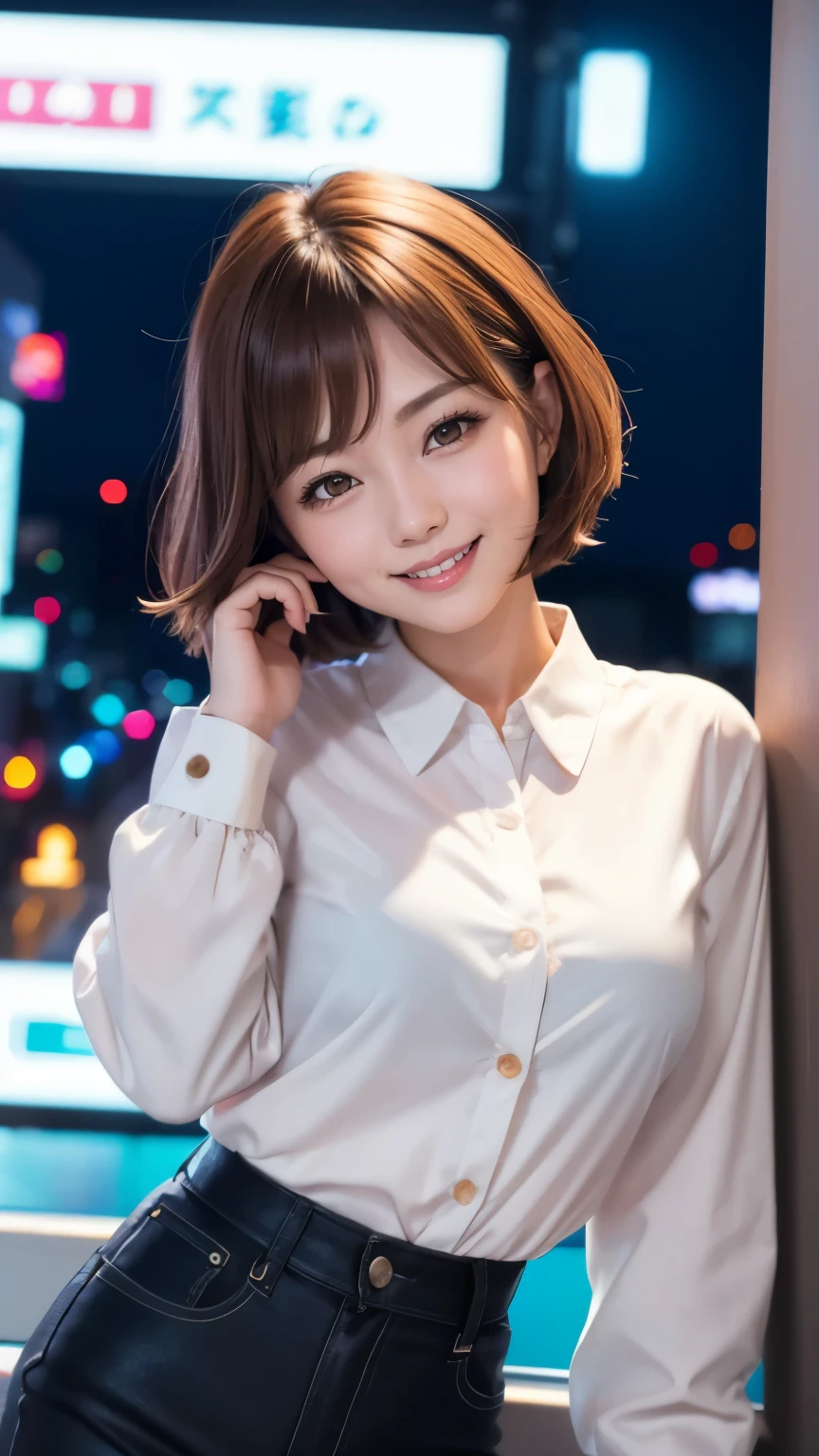 japanese idol girlfriend A happy smile brown hair short hair 33 years old white blouse neon city at night