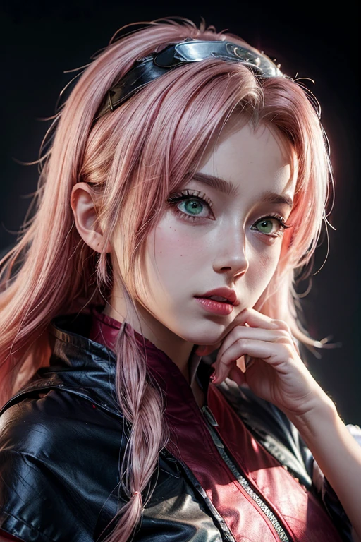 young woman, white skin, long bubblegum pink hair, wide forehead, pink eyebrows, large emerald green eyes, upturned nose, thick lips, heart-shaped face, akatsuki cape, high detail, sharp focus, Sakura Haruno, realistic, realism 3d ring on ring finger