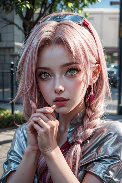 young woman, white skin, long bubblegum pink hair, wide forehead, pink eyebrows, large emerald green eyes, upturned nose, thick lips, heart-shaped face, akatsuki cape, high detail, sharp focus, Sakura Haruno, realistic, realism 3d ring on ring finger