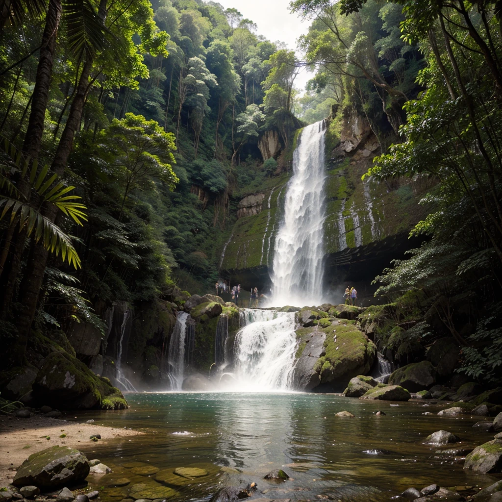 low angle shot, high hills, rocks, waterfall, rainforest,