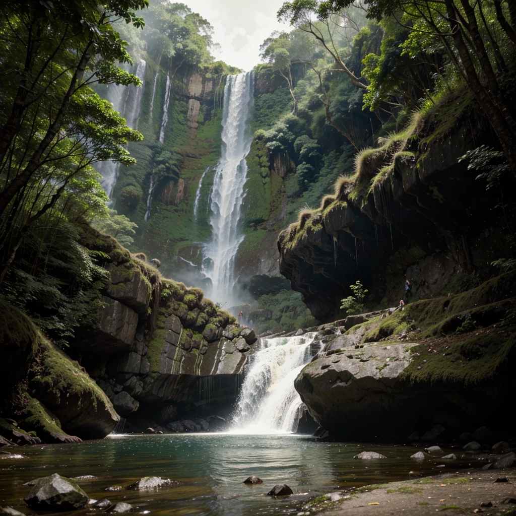low angle shot, high hills, rocks, waterfall, rainforest,