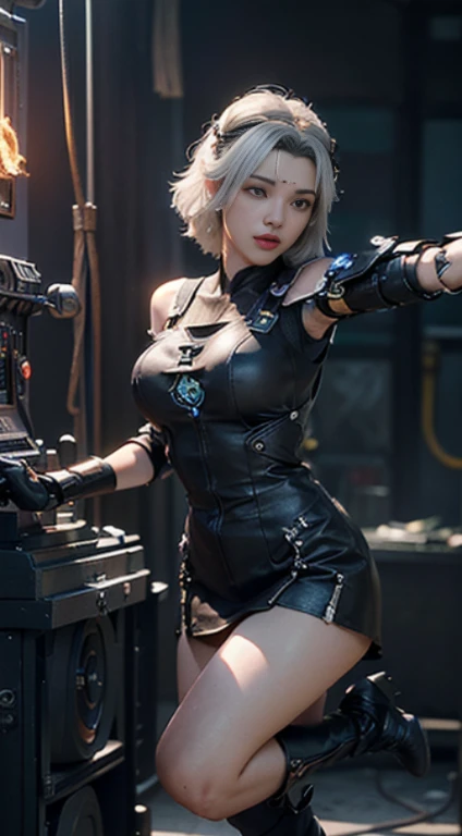 (((masterpiece, top quality, ultra detailed))), (((ultra photo-realistic 3D))), (((dramatic leap in overall accuracy, producing ultra detailed and realistic images))), Complex mechanical cyborg woman, dynamic combat action pose, complex mechanical steampunk meets overdecorated gothic fashion, off the shoulder, fluttering mini skirt, complex mechanical temple steampunk headgear, very large eyes, very long eyelashes, silver hair blowing in the wind, very long thin arms, complex (((mechanical gloves, very long thin legs, long complex mechanical over the knee boots, Mandala neon glare, lots of crossed and scattered neon glare, huge weapons with very intricate mechanical devices, a very complex machine shop surrounded by flames, a very dark night background, very dramatic and cinematic lighting, HDR (High Dynamic Range), Ray Tracing, NVIDIA RTX, Super Resolution, Unreal 5, Subsurface Scattering, PBR Texturing, Post-Processing, Anisotropic Filtering, Depth of Field, Maximum Clarity and Sharpness, Multilayer Textures, Albedo and Specular Maps, Surface Shading, Accurate Simulation Light Material Interaction, Perfect Proportions, Octane Rendering, Two-Tone Lighting, Wide Aperture, Low ISO, White Balance, Rule of Thirds, 16K RAW,