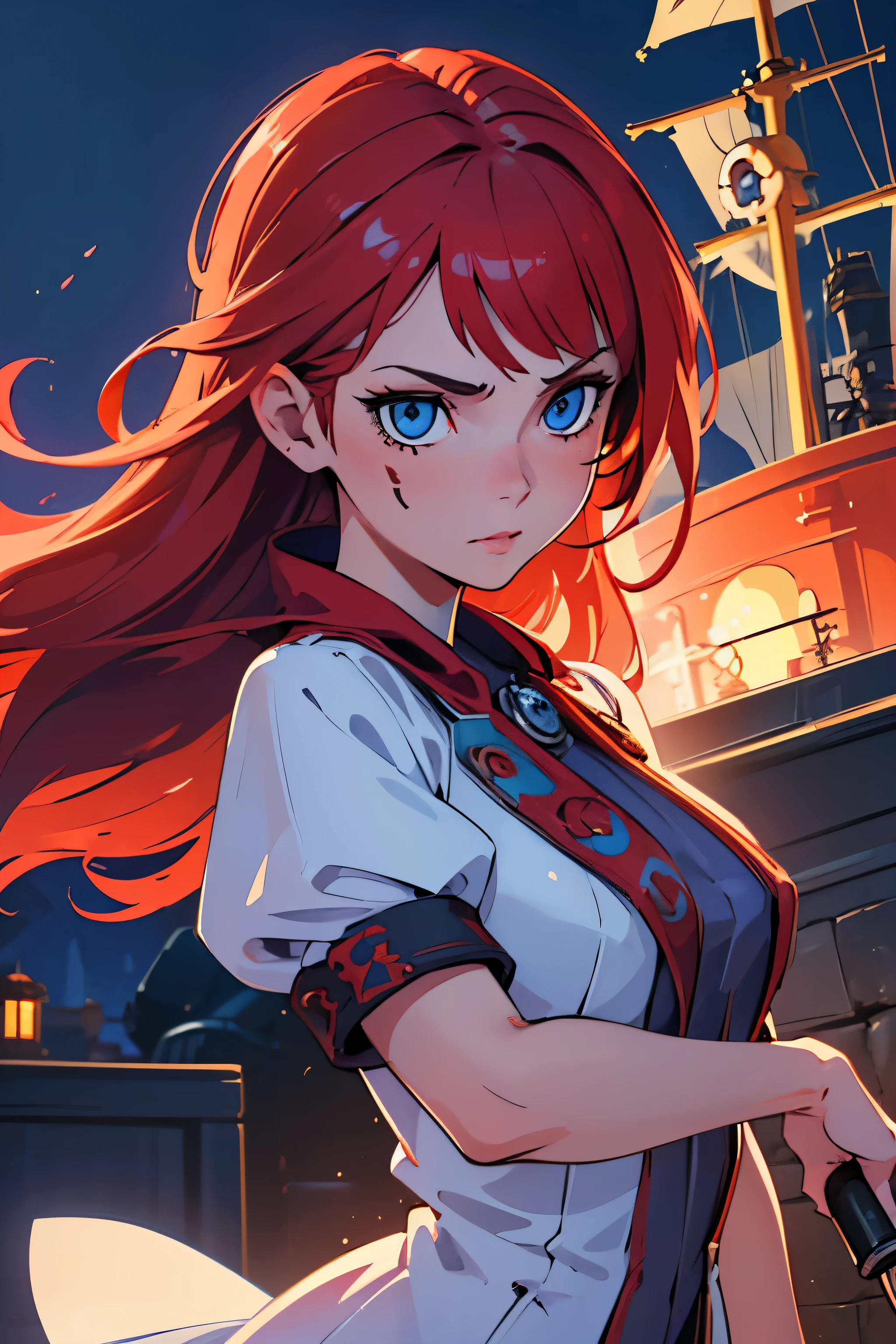 (Good quality:1.2), (Ultradetailliert:1.2), (ultradetailliertes Gesicht:1.2), (detaillierte blaue Augen:1.2), (ultra detailed body:1.2), young girl with old pistol, Rote Haare, (white pirate dress:1.2), Piratenschiff, Nacht, Schlachtfeld, Feuer im Hintergrund