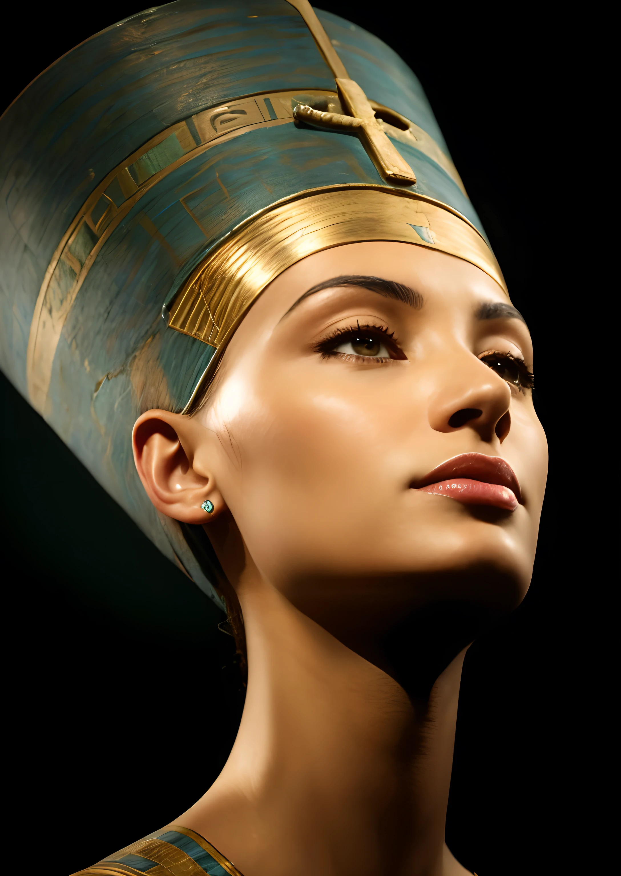 Obra-prima da Rainha Nefertiti. The most beautiful Egyptian queen. linda mulher de cerca de 30 anos. Vista ligeiramente de perfil. Vista de perto. She has an incredible beautiful face. She&#39;s wearing the blue crown of Egypt. Orelhas direitas completas.