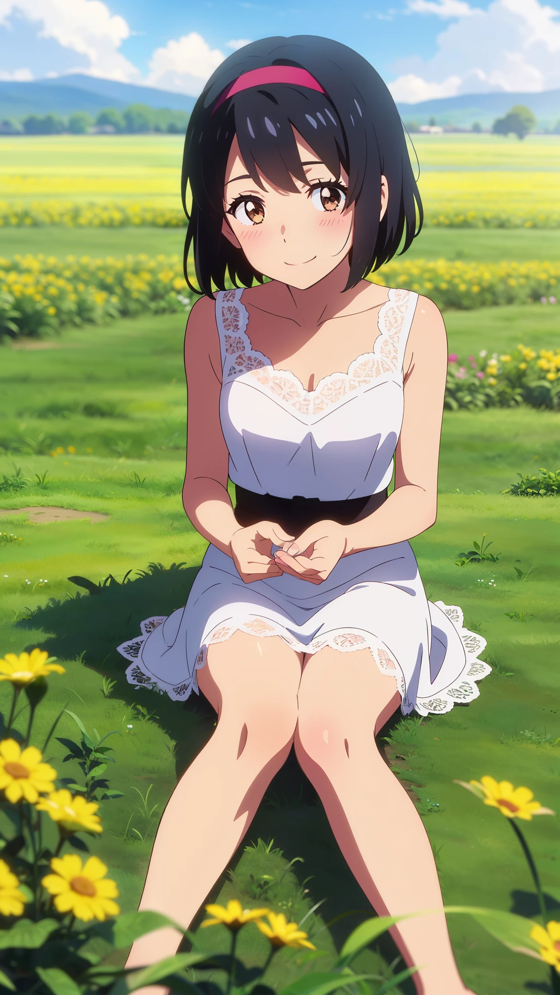 shinkai makoto, kimi no na wa., 1girl, bangs, black hair, blush, brown eyes, shiny skin, Wearing a white lace dress, red headband, short hair, smile, cute, solo, happy, looking at viewer, flower field, Sit on grass, sky, cloudy