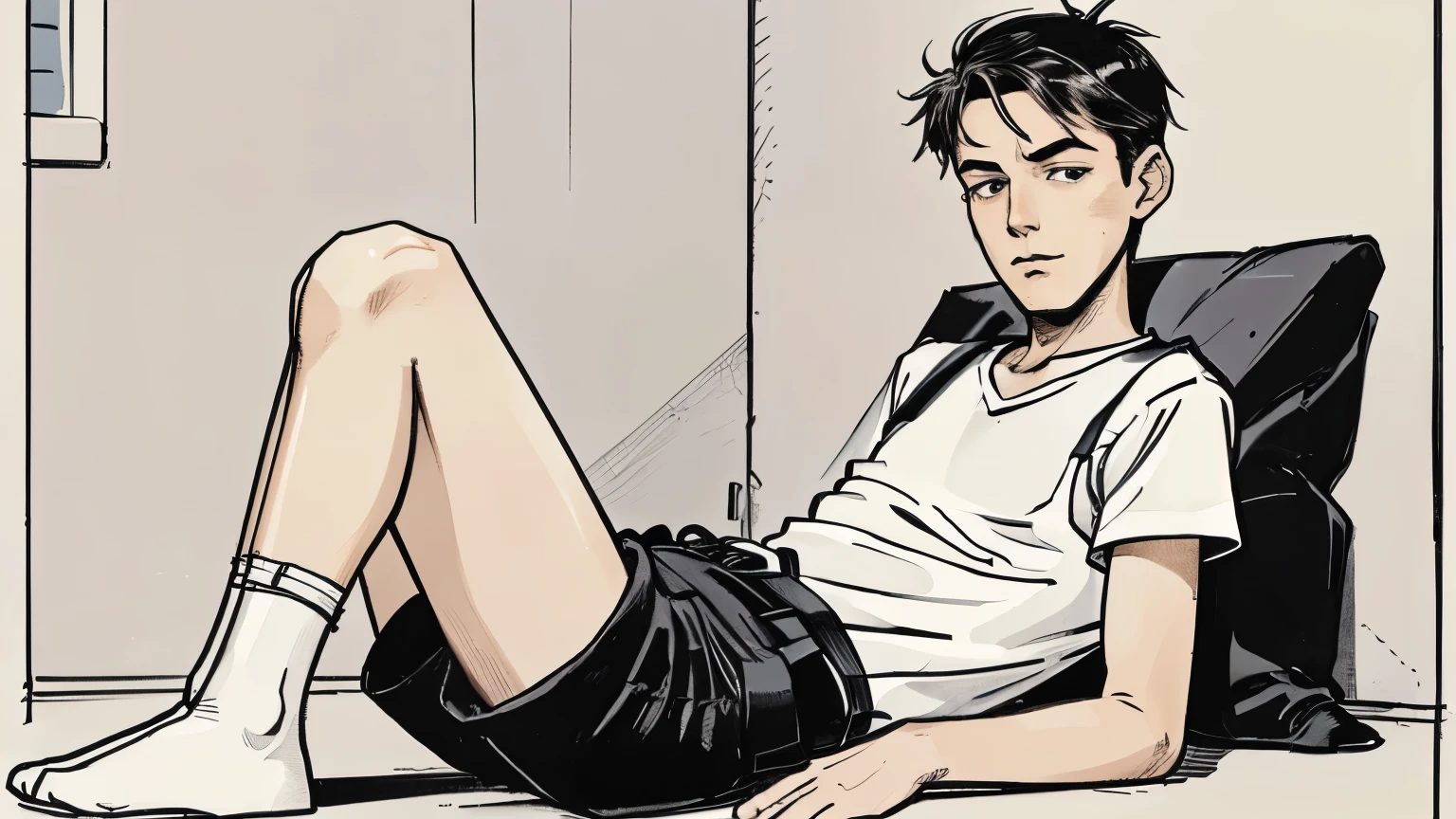 cartoon style boy wearing black pants and a white t-shirt with suspenders. He has longer hair. He is thin and has thin arms and legs, a narrow face and small eyes. He has a sad look,