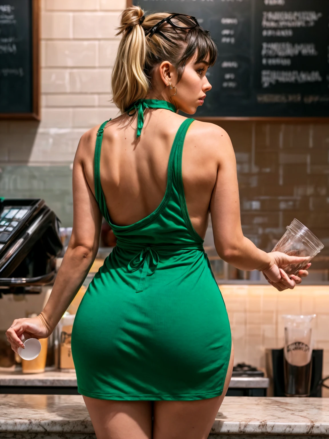 good anatomy, masterpiece, best quality, 4k, 8k, professional photography, soft light, sharp focus,1girl, anime screencap, meme_iced_latte_with_breast_milk_ownwaifu, ownwaifu,starbucks, cafe, blurry background, light particles, apron, barista, breasts, cleavage, collarbone, cup, green_apron, coffee, holding, holding_cup, iced_latte_with_breast_milk_(meme), looking_at_viewer, meme, naked_apron, sideboob, solo, curvy, narrow waist, Dua lipa, short blond hair, slender body, (twin drills:1.2),necklace,choker,collar,jewelry, (back shot).