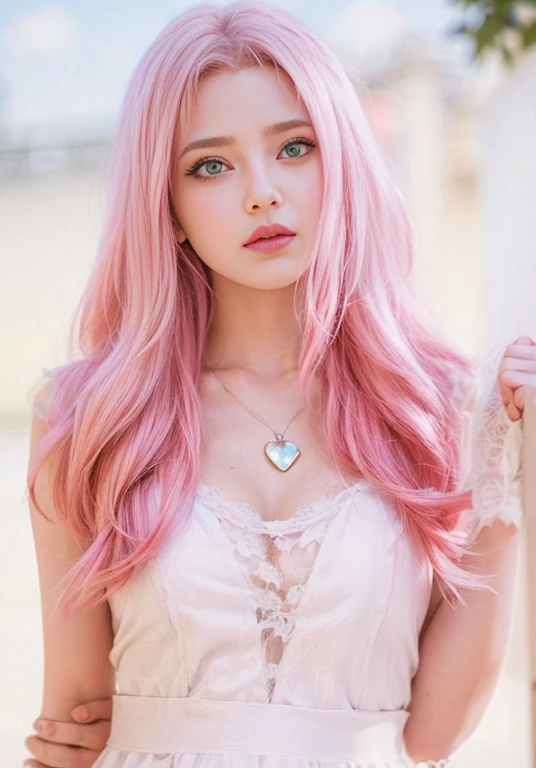 young woman, white skin, long bubblegum pink hair, wide forehead, pink eyebrows, big emerald green eyes, upturned nose, thick lips, heart-shaped face, pink dress, high detail, sharp focus, Sakura Haruno, realistic, realism, 3d ring on ring finger