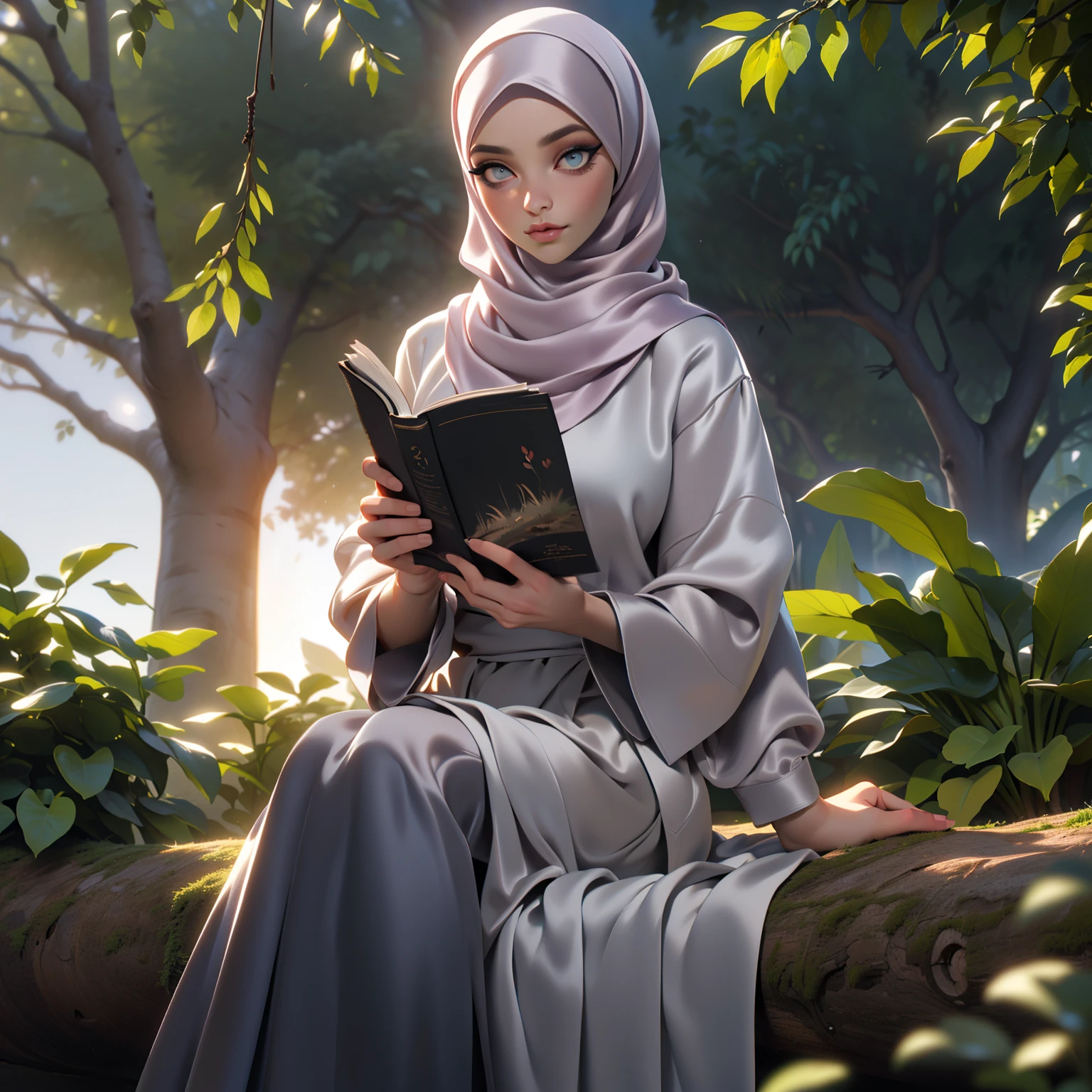 Arab woman with vitiligo reading a book next to a calm white tiger