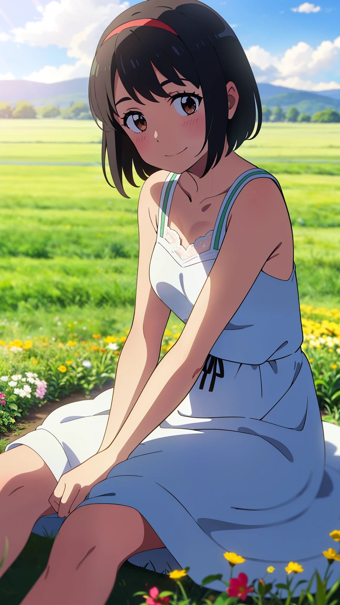 shinkai makoto, kimi no na wa., 1girl, bangs, black hair, blush, brown eyes, shiny skin, Wearing a white lace dress, red headband, short hair, smile, cute, solo, happy, looking at viewer, flower field, Sit on grass, sky, cloudy