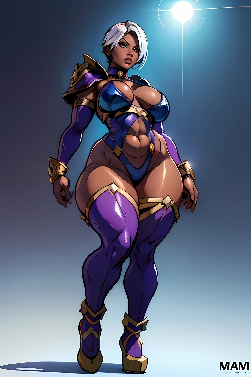 Nicki Minaj cosplaying as (Ivy from Soul Calibur), ((dark skin)), looking at viewer, busty figure, (thick thighs) (medium breasts) well-defined legs, (chubby physique), frontal, full-length, looking at the camera, facing the audience, dynamic pose, background, three-dimensional light, sleek digital concept art, beautiful full body concept art, art trend, CGsociety full-length, view from below