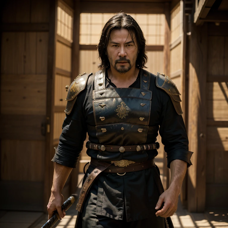 ((masterpiece, highest quality, hires, amazing detail, 8k, best quality, dynamic angle)), cinematic, portait, upper torso shot of middle aged man / Keanu Reeves / wearing samurai armour, holding a katana sword, (hires textures), dynamic pose, fighting stance, angry face, scars, kurosawa, highest quality, vibrant colours, Edo, feudal fantasy background, fantasy art, highest detail, 