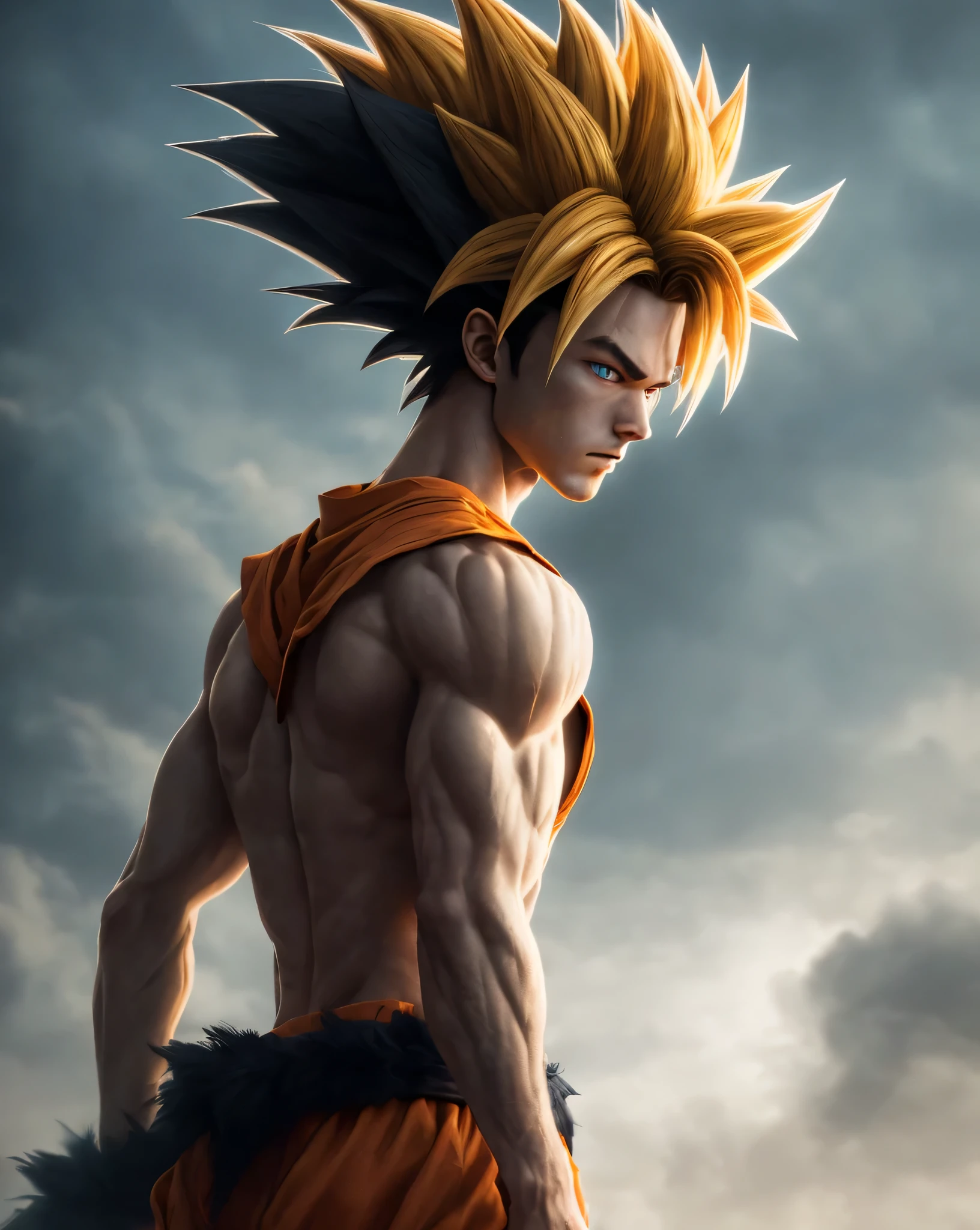 Goku, Sayajin, , ultra detailed eyes, Goku's orange kimono, Goku's orange pants, dragonballZ, yellow energy around the body, bright blue eyes, man, flowing hair, human fur, realistic human skin, striking blue eyes, beautiful body and face - shot, body, beautiful detailed body and face, strong body, musco)))), dust raising(hot dark photos, hyper-realistic (((portrait))), background of post-apocalyptic ruins,((((HDR+))), 4mm textures, 8k, soft cinematic light, Adobe Lightroom, Photolab, HDR, intricate, elegant, highly detailed, sharp focus, ((((((cinematic appearance)))), soft tones, insane details, intricate details, hyperdetailed, low contrast, soft cinematic light, faint colors, exposure mix, faded, slate atmosphere)