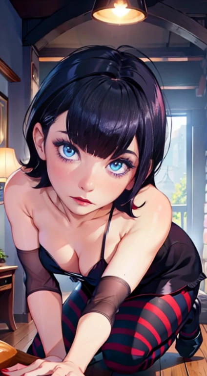 table, Super high resolution, ultra detailed, Beautiful European girl, Dark-haired, short bob cut, Amazing blue eyes, white-skinned, Red lips, red blush, gentle look, Sorceress, Amazing face, The Amazing Mavis Dracula, Realistic, black dress,  fishnet stockings , Beautiful, perfect body, striped thigh, Don&#39;t be, (At Your Feet:1.2)