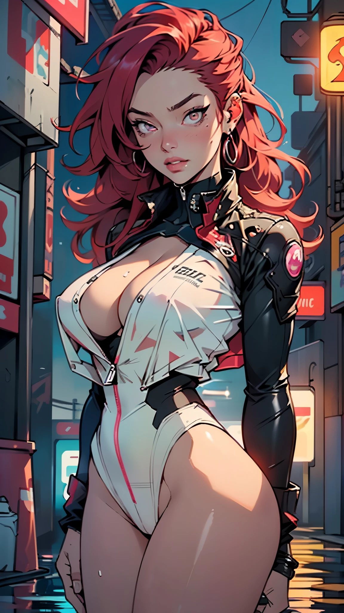 cute pit girl,(((1girl))),((pit girl with extremely cute and beautiful red hair)),
(huge breasts:1.4),saggy breasts,(((red voluminous hair:1.35,absurdly long unkempt hair,colored inner hair,ear breathing,large hair))),((heterochromia:1.5, (red_eye and pink_eye))),intricate eyes,beautiful detailed eyes,symmetrical eyes,((fat)),(((lustrous skin:1.5,bright skin: 1.5,skin tanned,shiny skin,very shiny skin,shiny body,plastic glitter skin,exaggerated shiny skin,illuminated skin,wet legs))),(spider lower abdomen,narrow waist,wide hip,athletic body,inflated legs, thick thighs,detailed body,(detailed face)),
cute,slutty,seductive,erotic,(nsfw),
zettai ryouiki,(((race queen style costume, attractive companion costumes,pit girl costume))),(magenta suit unbuttoned,magenta costume),(((huge cleavage))),cleavage cutout,((wet clothes,intricate outfit,intricate clothes)),
(dynamic pose:1.0),solo focus,embarrassed,(centered,scale to fit dimensions,Rule of thirds),
cyberpunk city by the ocean at night, with bright neon signs and dark stormy clouds and puddles, scenery:1.25,nighttime, starry night, cosmos,Very dark night that makes the neon lights stand out, very bright neon lights,nighttime, starry night, cosmos,
artistic photography,(photography taken by sldr),highres, sharp focus,(ultra detailed, extremely detailed), (photorealistic artwork:1.37),(extremely detailed CG unity 8k wallpaper),((synthwave background theme)),(((vibrant colors))),intricate,(intricate background),(masterpiece),(best quality),perfect rendered face,perfect face details,realistic face,photo realistic,analog style,((intricate detail)),(((realism))),