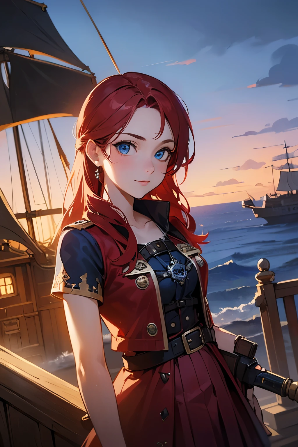 (good quality:1.2), (Ultradetailed:1.2), (ultradetailed face:1.2), (detailed blue eyes:1.2), (ultradetailed body:1.2), young girl with old pistole, red hair, (white pirate dress:1.2), pirate ship, night, battlefield, fire in the background