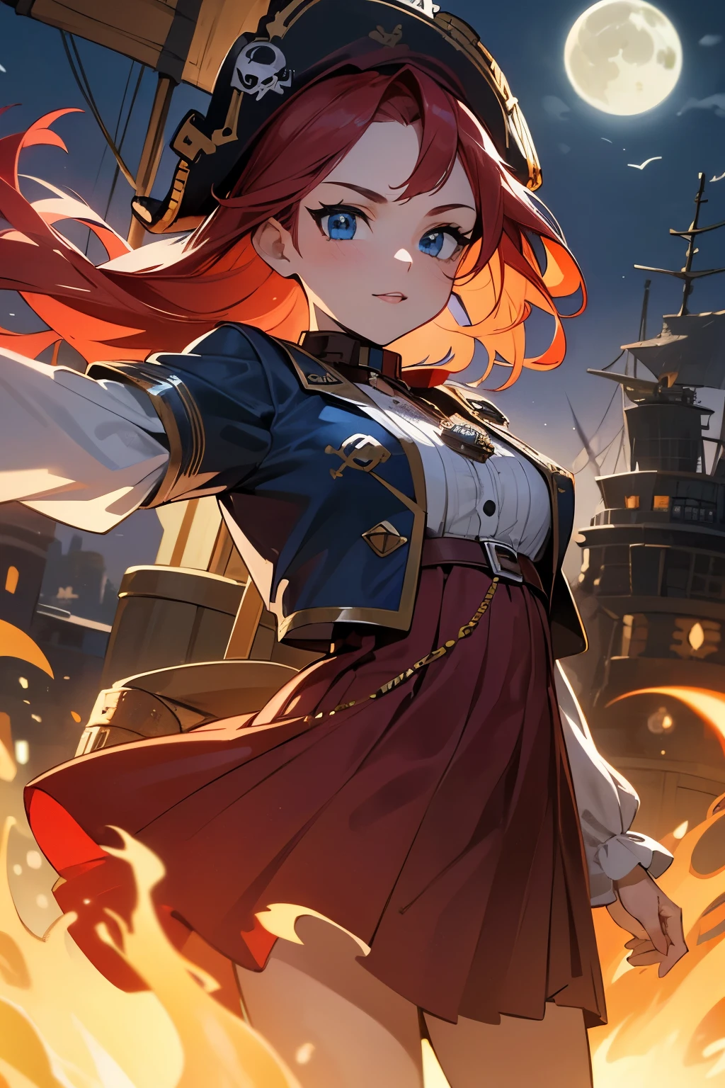 (good quality:1.2), (Ultradetailed:1.2), (ultradetailed face:1.2), (detailed blue eyes:1.2), (ultradetailed body:1.2), young girl with old pistole, red hair, (white pirate dress:1.2), pirate ship, night, battlefield, fire in the background