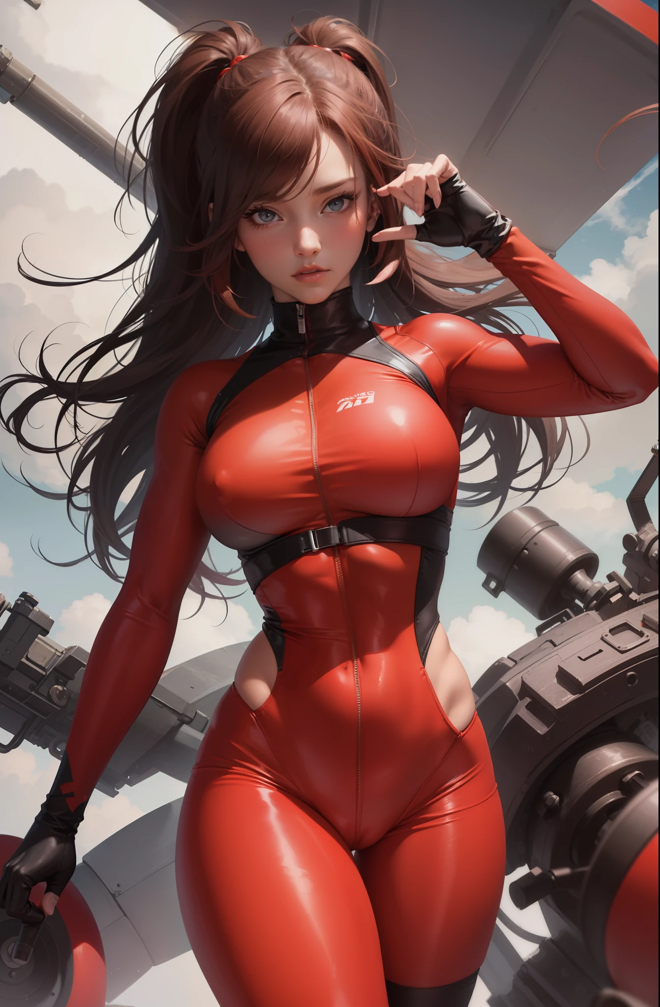 high detail, wearing (tight shirt:1.2), beautiful detailed face, red hair, hazel eyes, (attractive fitness woman:1.3), (seductive:1.1), (blushing:1.1), hourglass body shape, complete shiny aerobic red and black latex bodysuit, big round breasts