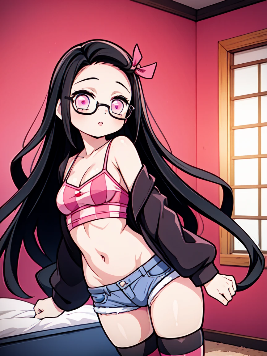 1girl, small breasts, small hips, pink eyes, black hair, crop top, denim shorts, bedroom, striped thighhighs,,pervert, , glasses, vamp