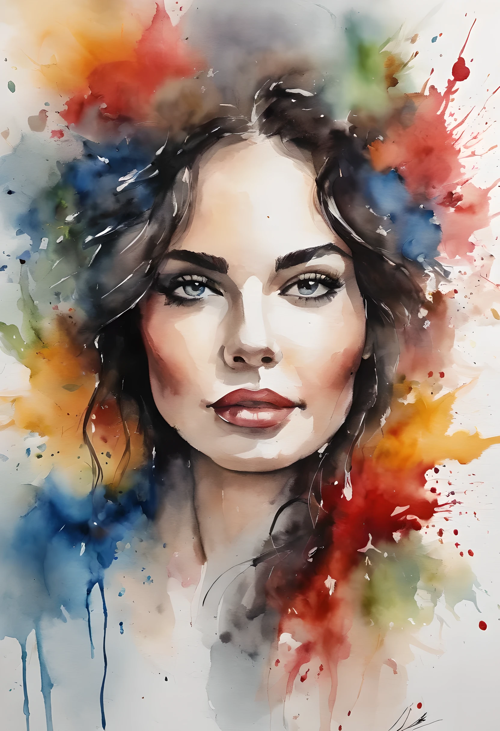 best quality, masterpiece, splash ink油画半成品 (The photo is of a beautiful woman with a sweet smile,red lips,long black curly hair and pale skin:0.5), splash ink, Ink burst, freeze frame, Colorful ink background