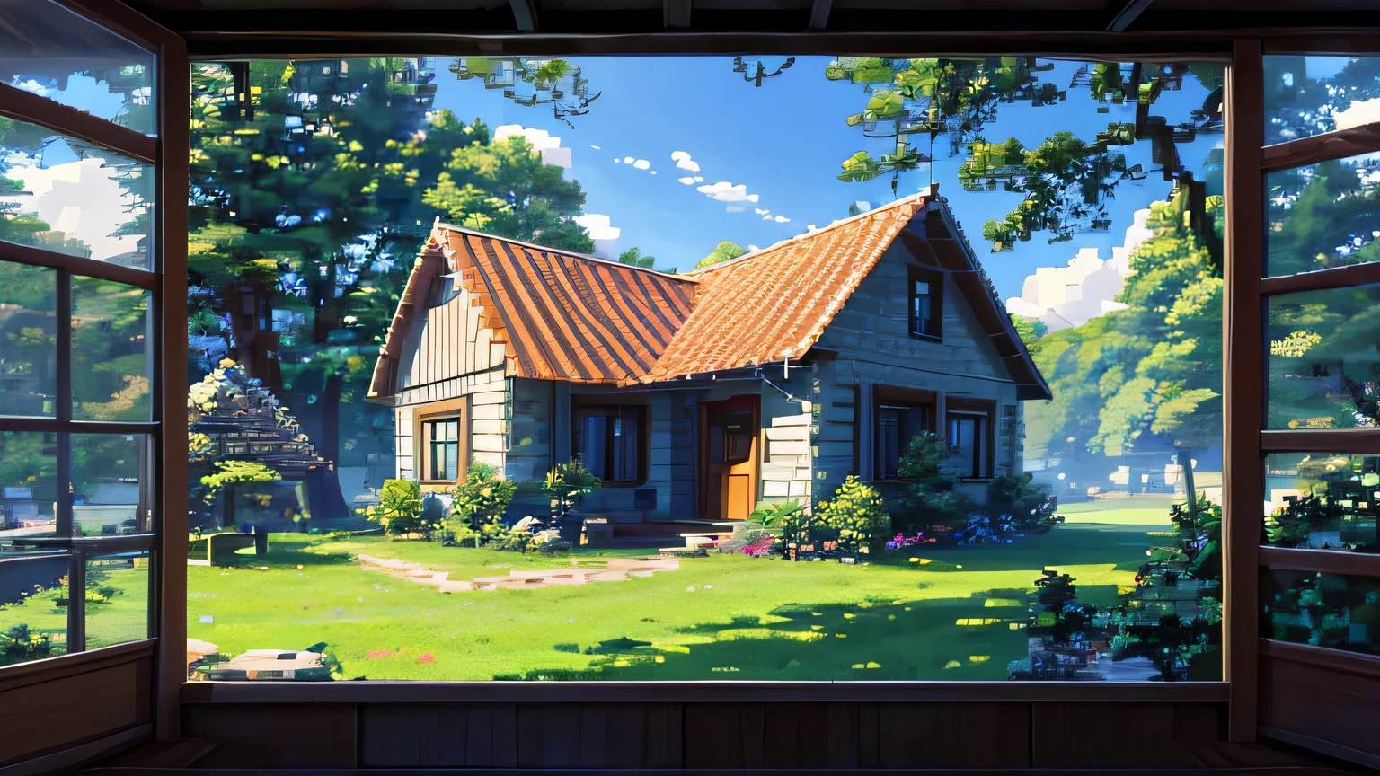 Pixel art retrata uma cena campestre aconchegante ao nascer do sol. A quaint pixelated cottage surrounded by pixelated trees, and a pixelated table near the window contains a pixelated coffee cup and a pixelated notebook. The morning sky is filled with soft pixelated tones while lo-fi beats play in the background.