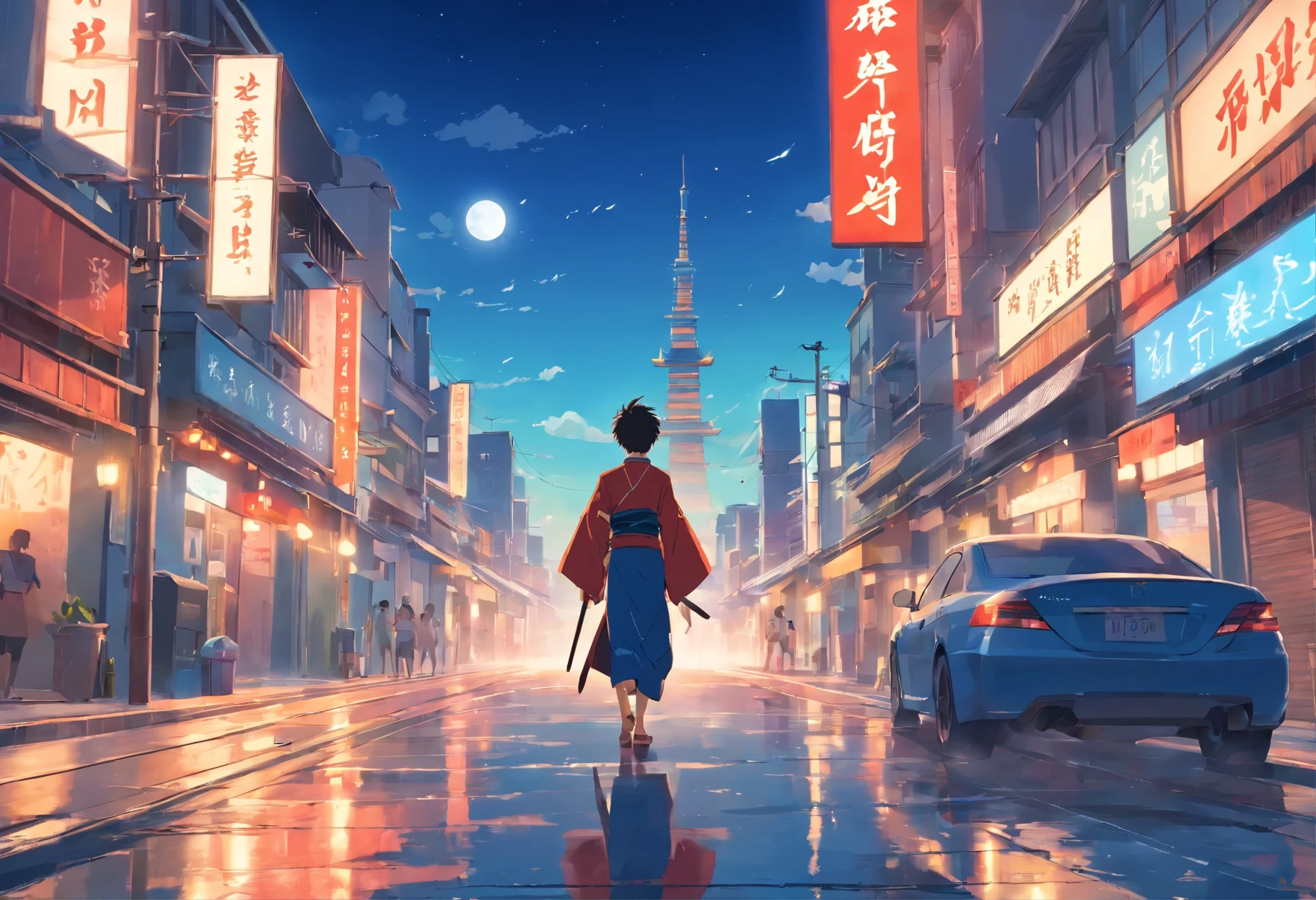 Beautiful 8K and beautiful image quality. It use mainly dusty red, blue and black. quiet night, moon shining, blue sky. the style similar to Japanese anime or game. It details inspire of the style of cool Japanese castle like Osaka Castle from 1000 meters far away. Around edge have margins. the castle is right alignment. There is a little Samurai man in center of screen