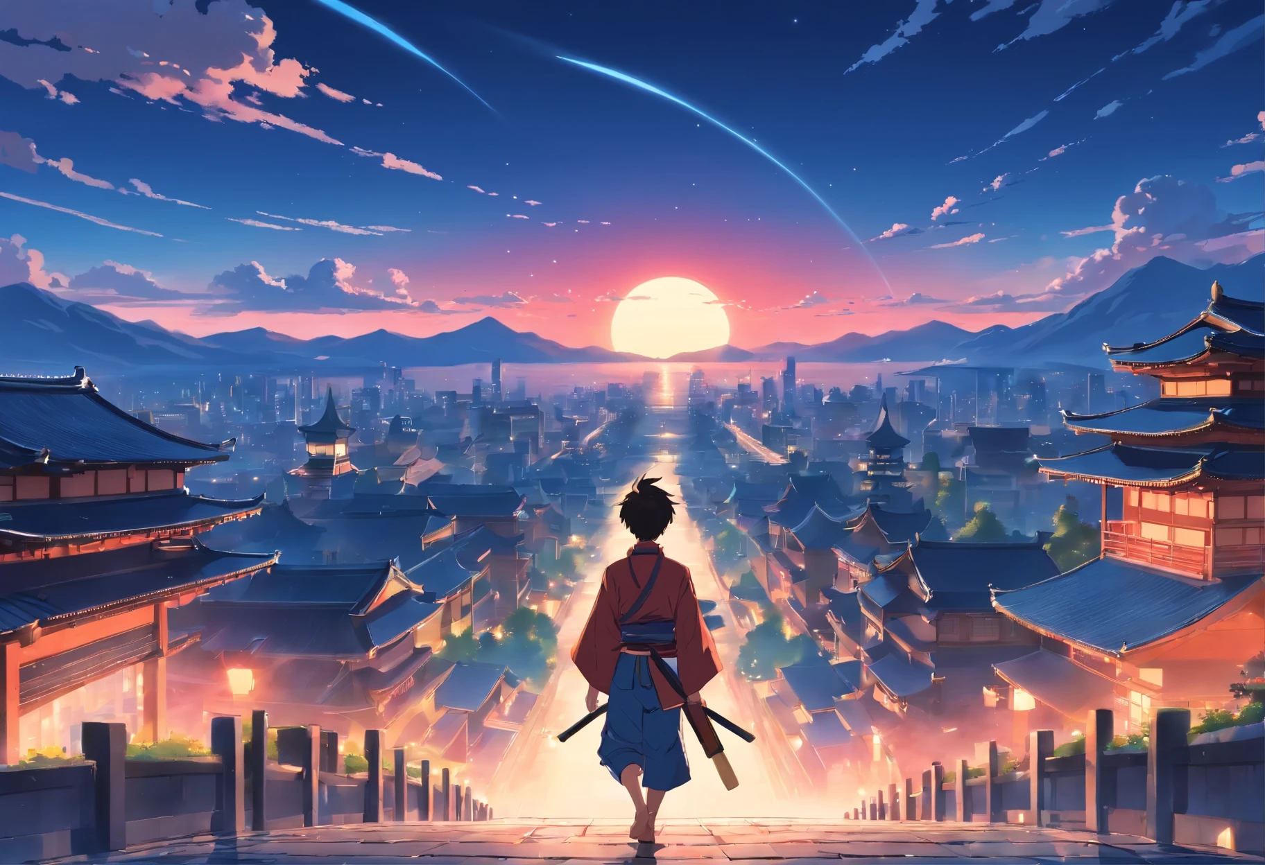 Beautiful 8K and beautiful image quality. It use mainly dusty red, blue and black. quiet night, moon shining, blue sky. the style similar to Japanese anime or game. It details inspire of the style of cool Japanese castle like Osaka Castle from 1000 meters far away. Around edge have margins. the castle is right alignment. There is a little Samurai man in center of screen