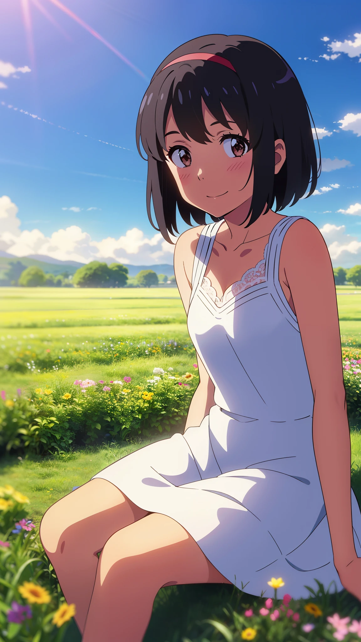 shinkai makoto, kimi no na wa., 1girl, bangs, black hair, blush, brown eyes, shiny skin, Wearing a white lace dress, red headband, short hair, smile, cute, solo, happy, looking at viewer, flower field, Sit on grass, sky, cloudy, evening, sunset