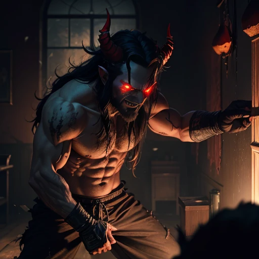 A demon , with glowing red eyes and razor-sharp fangs, clad in tattered black clothing, stands defiantly in the dimly lit room. His horns curl menacingly above his forehead, and his clawed hands are balled into fierce fists. Despite his sinister appearance, a mischievous gleam dances within his eyes as he contemplates his next prank. The shadows around him seem to pulse with a malevolent energy, and the once pristine walls bear the scars of his unruly antics. The room, filled with the acrid smell of sulfur, is a clear indication that this is no ordinary .