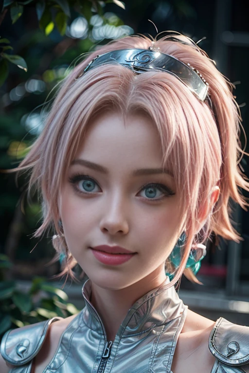 young woman, white skin, bubblegum pink hair up, wide forehead, pink eyebrows, big emerald green eyes, upturned nose, full lips, perfect smile, heart-shaped face, white dress, high detail, sharp focus, Sakura Haruno, realistic , realism, 3d