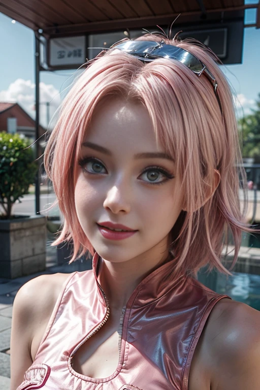 young woman, short shoulder-length pink hair, wide forehead, porcelain skin, pink eyebrows, big emerald green eyes, buttoned nose, full lips, heart-shaped face, slender body, small breasts, red tank top, Sakura Haruno , realistic, realism, details, 3d, well detailed