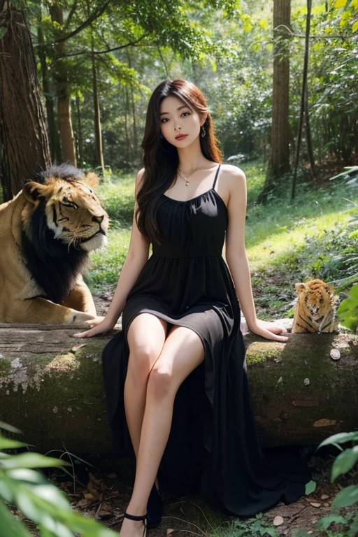 18-old beautiful girl is sitting with lion, tiger and old man in the forest.She has long hair and wearing black dress.big body.